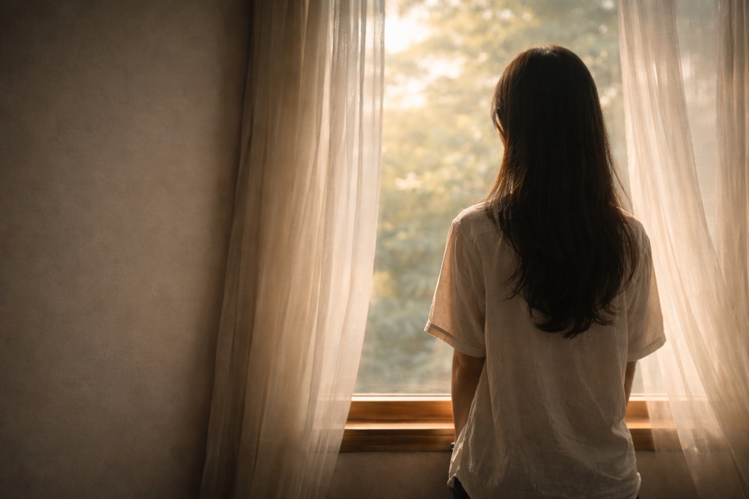 窓の外を見つめる静かな後ろ姿